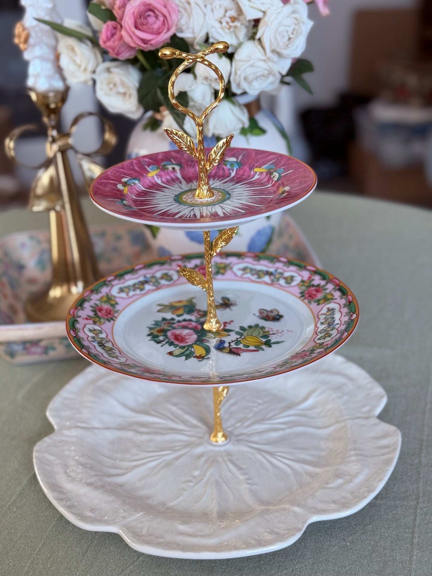 Bordallo Cabbage and Williams Sonoma Famille Rose Three Tiered Stand- Pink Bok Choy