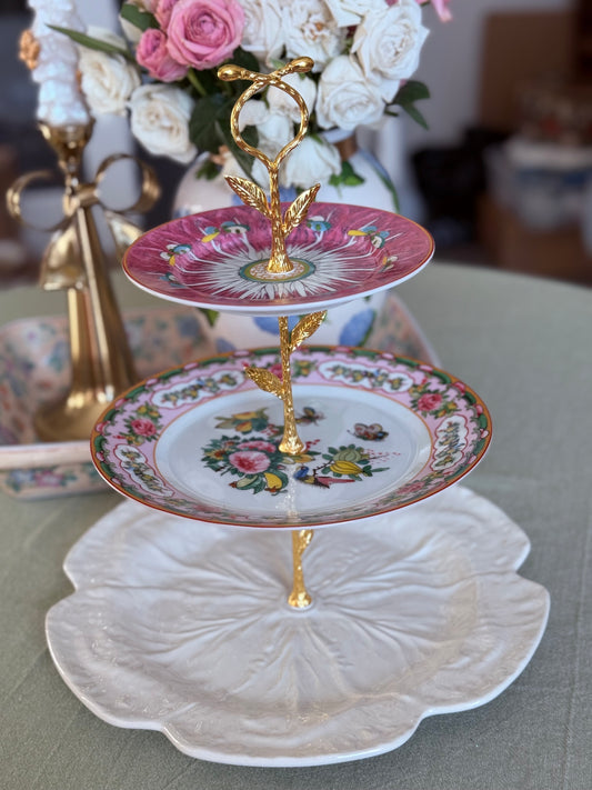 Bordallo Cabbage and Williams Sonoma Famille Rose Three Tiered Stand- Pink Bok Choy