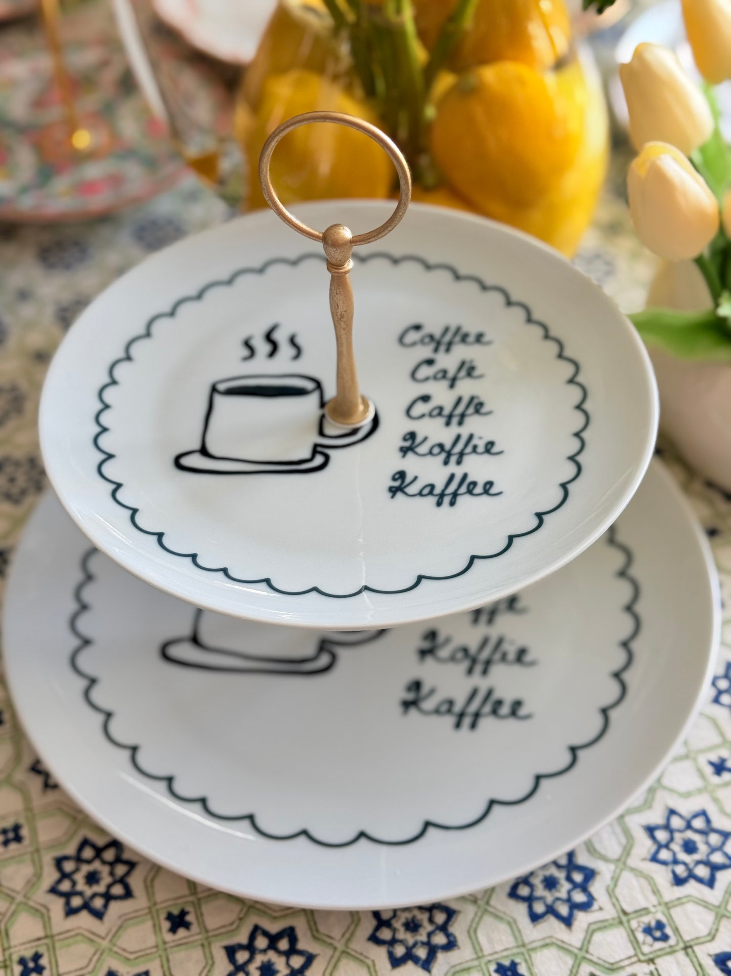 Black & White Coffee Doodle Tiered Stand | UK Artist Plates Dessert Stand | 2-Tier Serving Stand