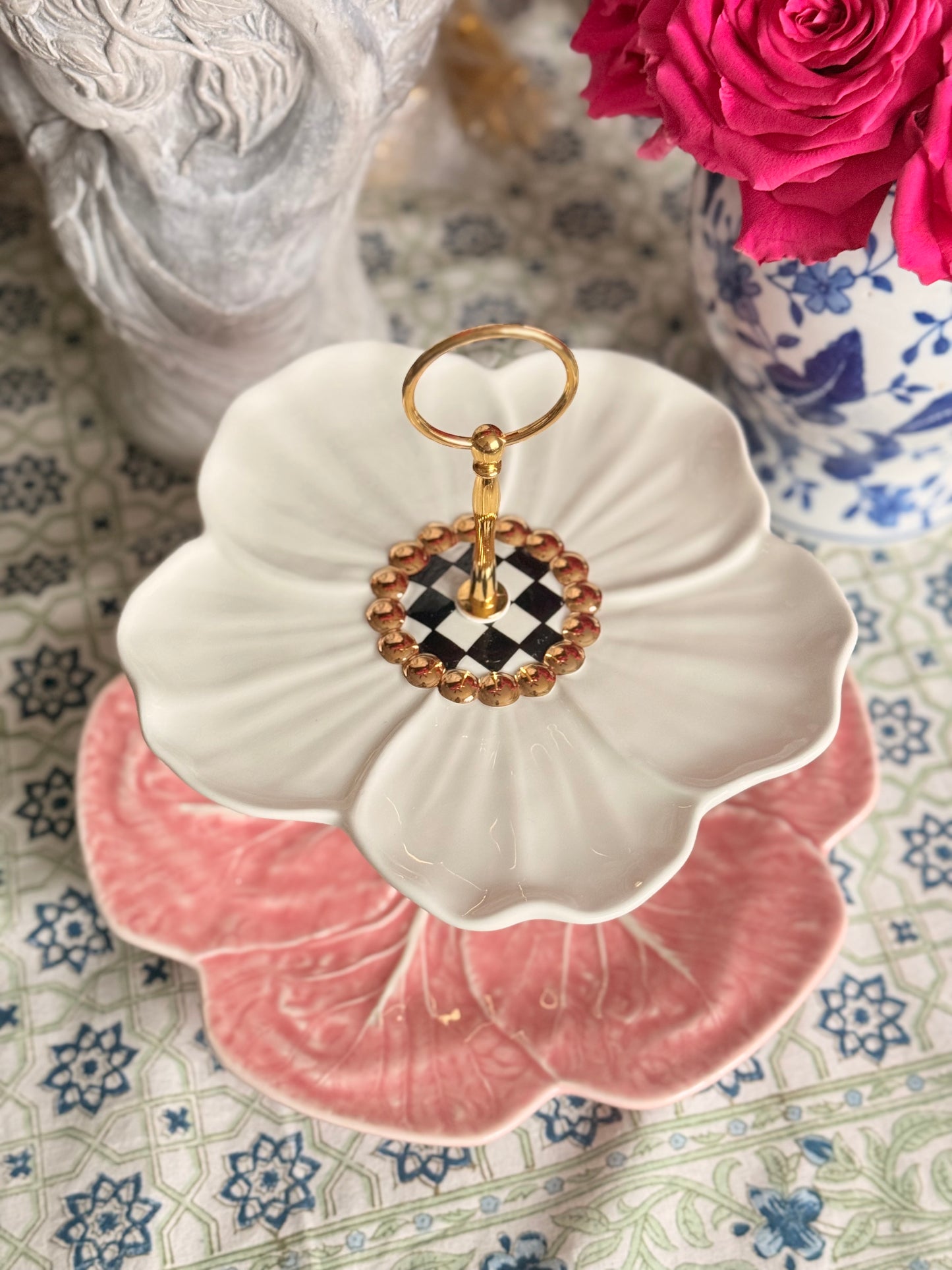 Mackenzie Childs and Pink Bordallo Cabbage Two Tiered Stand