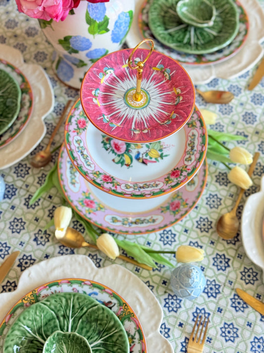 Famille Rose Pink Bok Choy Three Tiered Stand