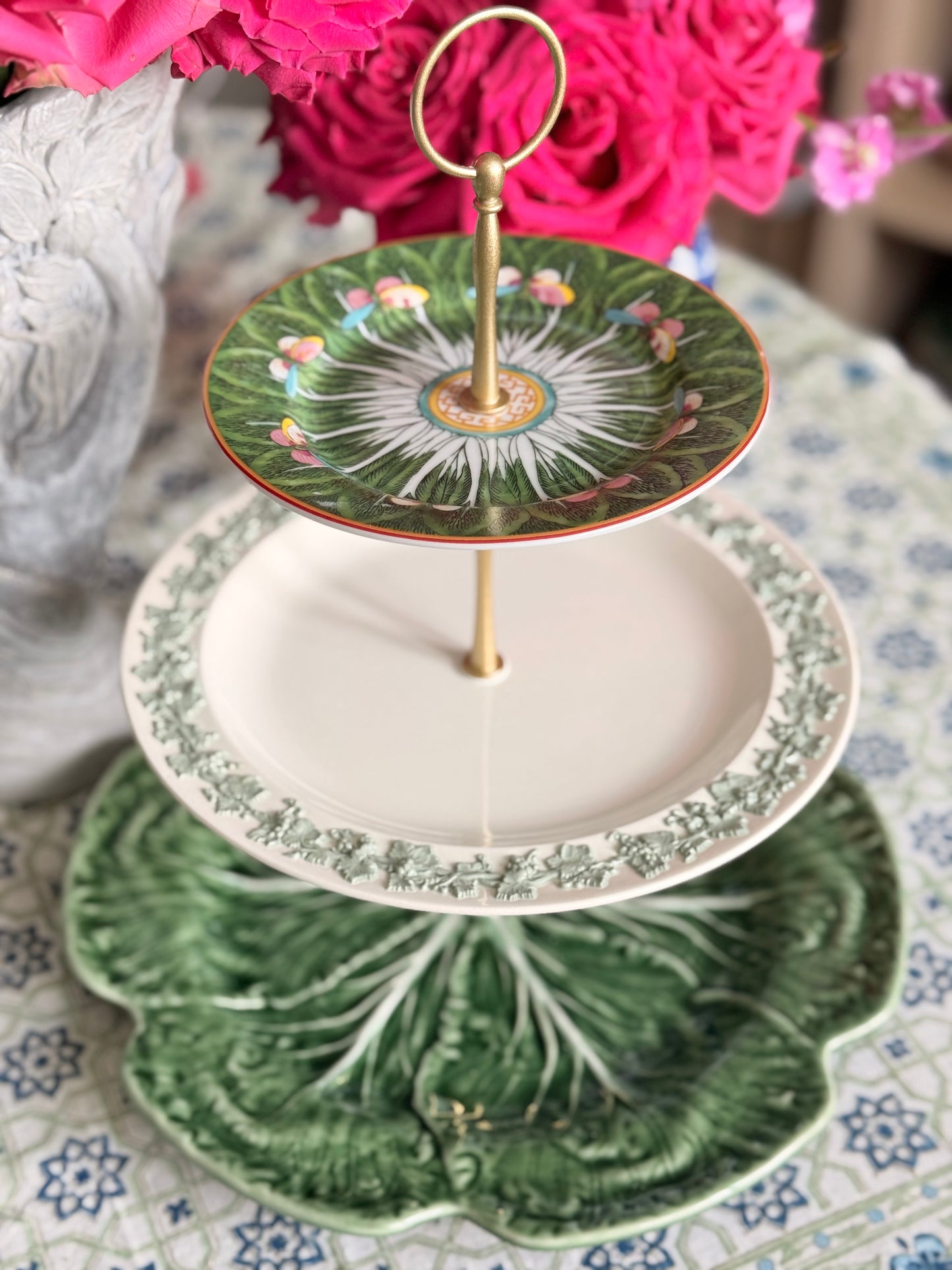 Green Bok Choy, Wedgwood Queensware and Bordallo Cabbage Three Tiered Stand (12” base)