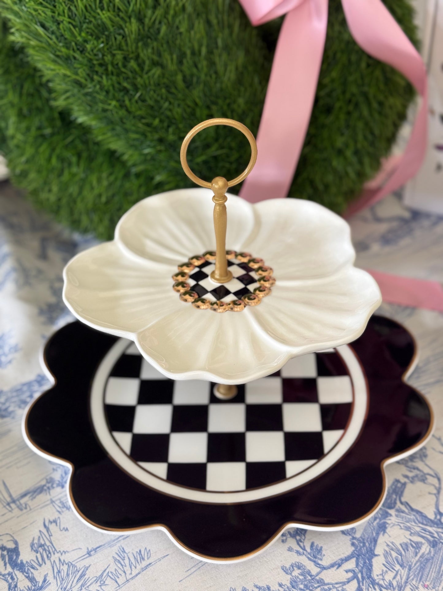 Mackenzie Childs Black and White Flower Two Tiered Serving Tray