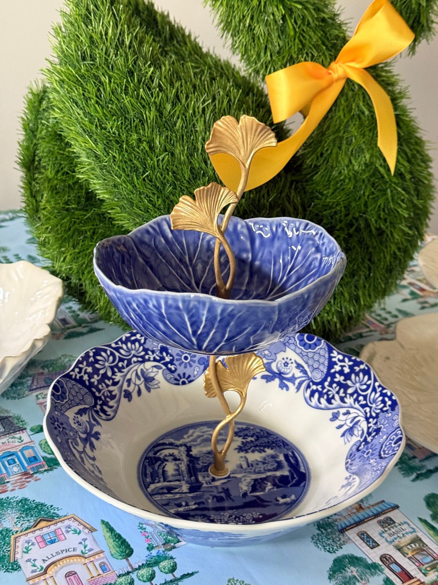Spode Blue Italian and Blue Cabbage Bowl Tiered Stand