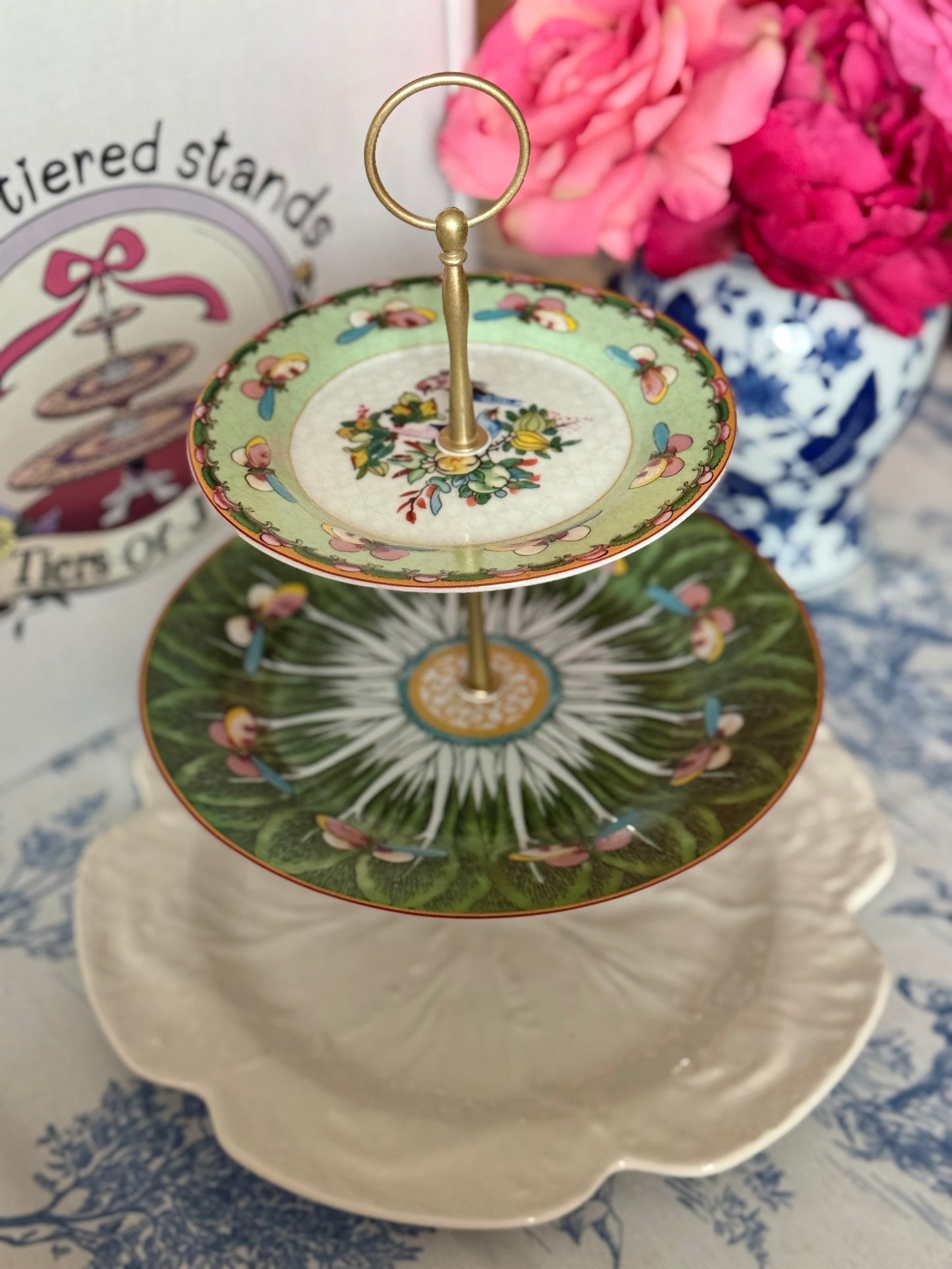 Williams Sonoma Famille Rose, Green Bok Choy and Beige Bordallo Three Tiered Stand - 12” base