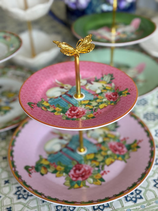 Famille Rose Easter Bunnies Two Tiered Stand (Pink)