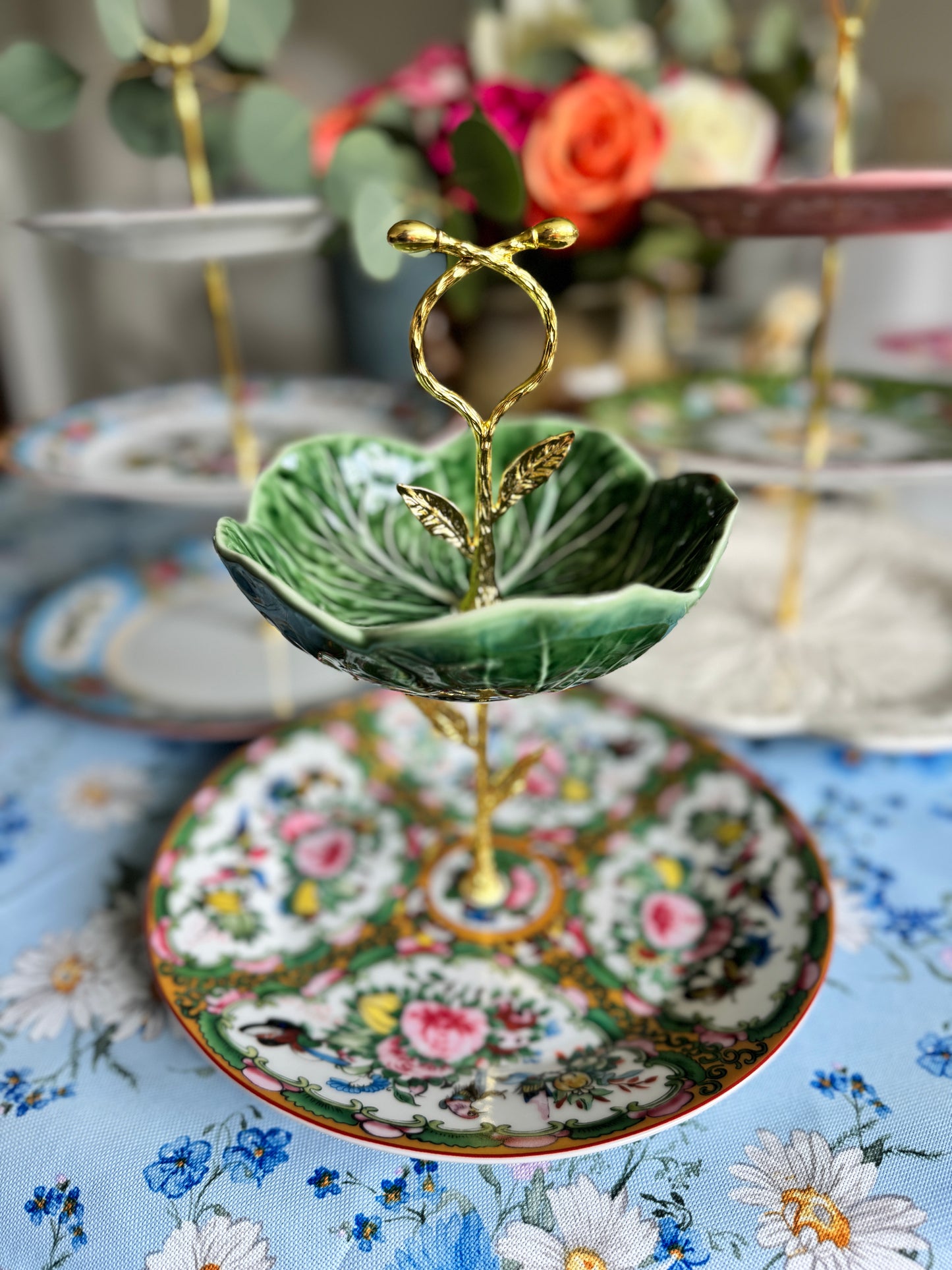 Bordallo Cabbage Bowl and Williams Sonoma Famille Rose Two Tiered Stand – Vintage-Inspired Floral Dessert Stand