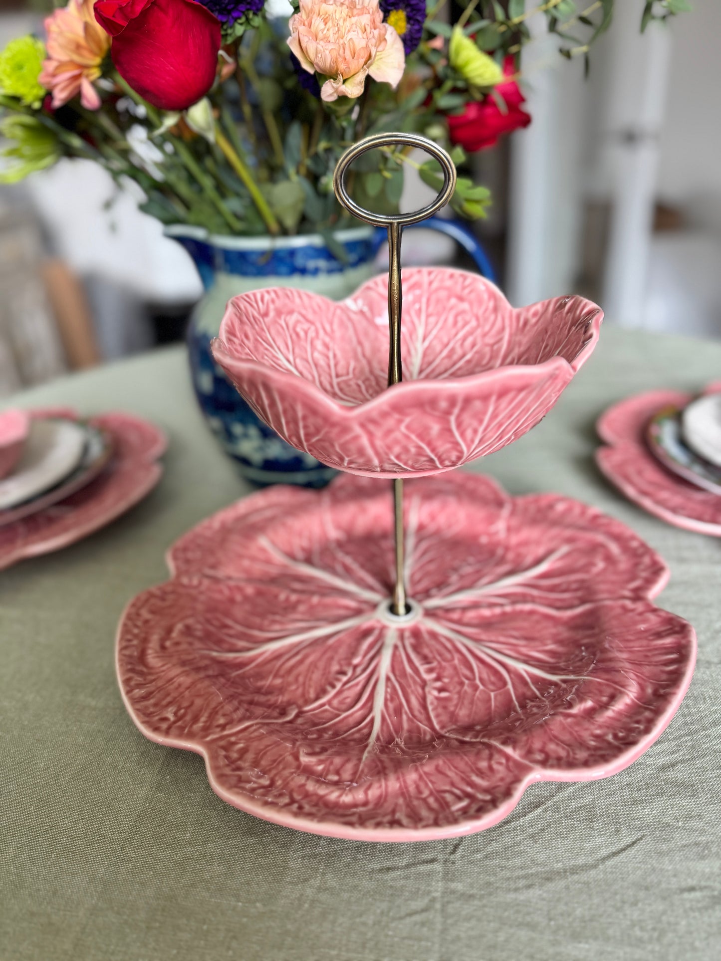 Pink Bordallo Pinheiro Cabbage 2-Tier Stand – 12 Inch Base Plate | Exclusive to Tiers of Joy