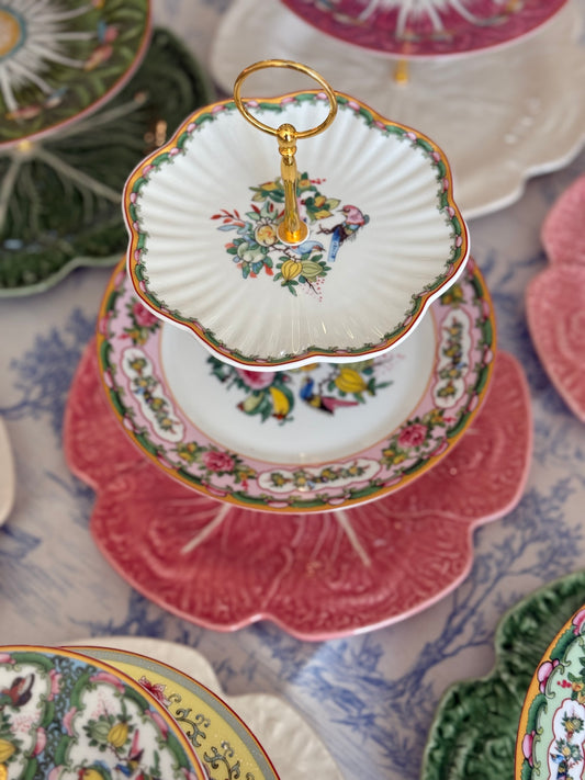 Pink Bordallo Cabbage and Famille Rose Three Tiered Tray