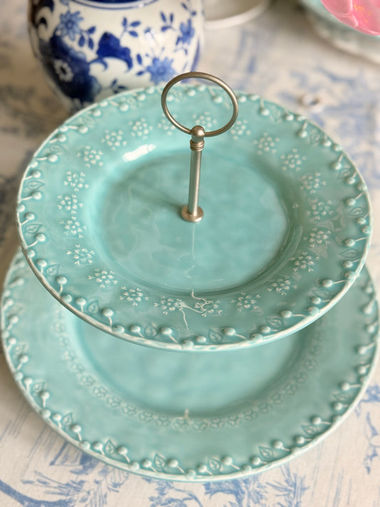 Bordallo Pinheiro Flora Two-Tier Stand in Aqua Blue — 11.5” Base