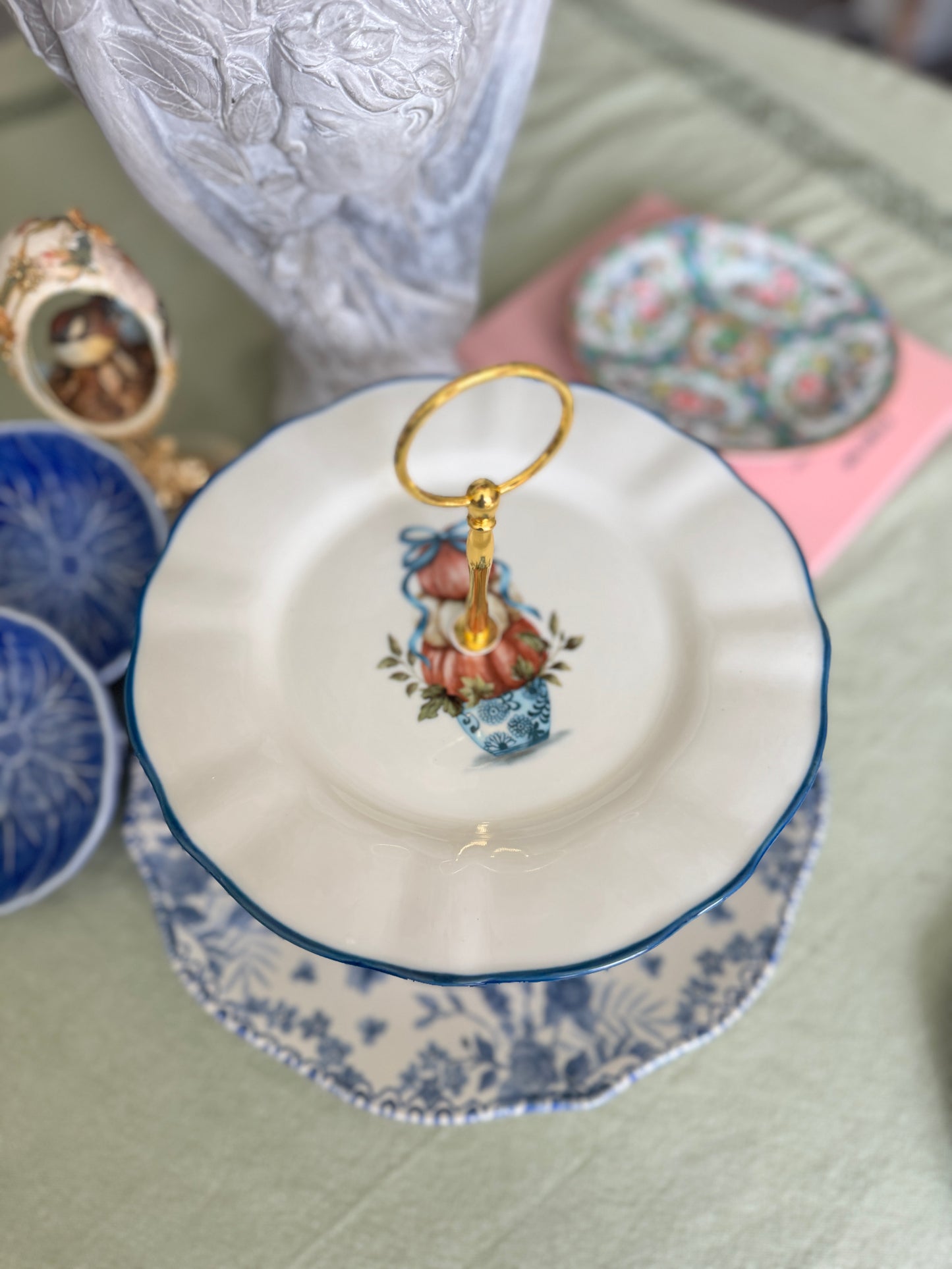 Limited Edition Two-Tiered Stand with Interchangeable Blue & White Santa Plate and Pumpkin Topiary Plate