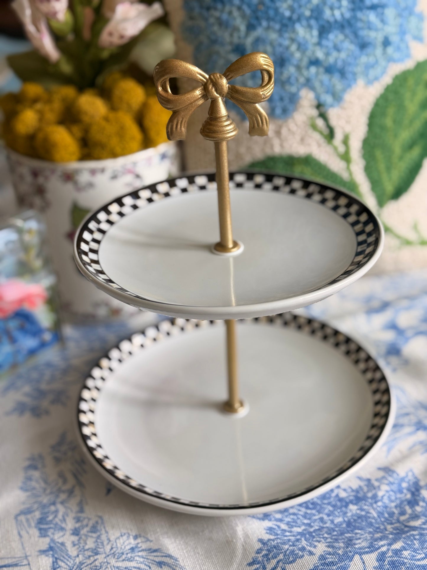 MacKenzie-Childs Courtly Check Petite Tiered Stand– Decorative Serving Tray (8” base)