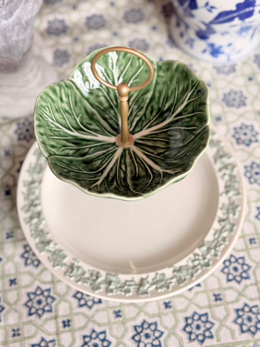 Wedgwood Queensware Celadon and Bordallo Cabbage Two Tiered Stand (9.5” base)