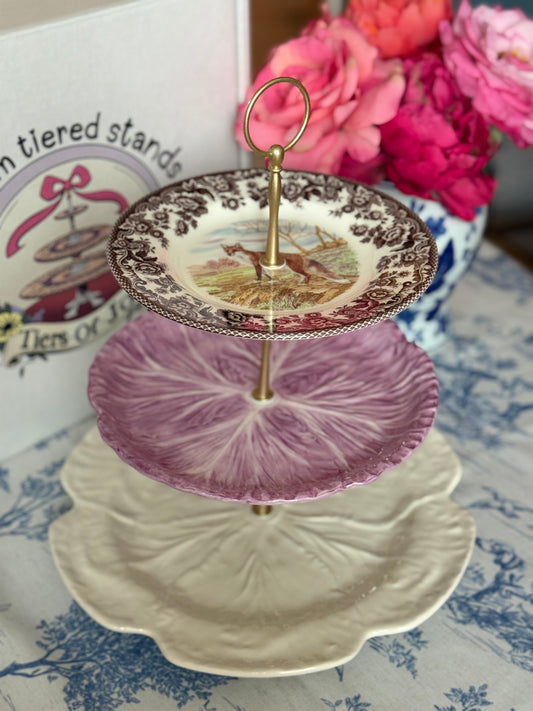 Spode Woodland Fox, Lilac Cabbage and Bordallo Beige Three Tiered Stand