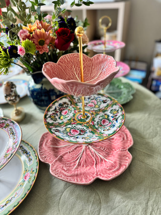 Pink Bordallo Cabbage Three Tiered Stand with Williams Sonoma Famille Rose accent plate