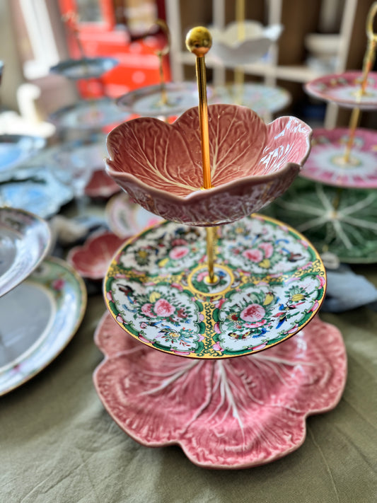 Pink Bordallo Cabbage Three Tiered Stand with Williams Sonoma Famille Rose accent plate