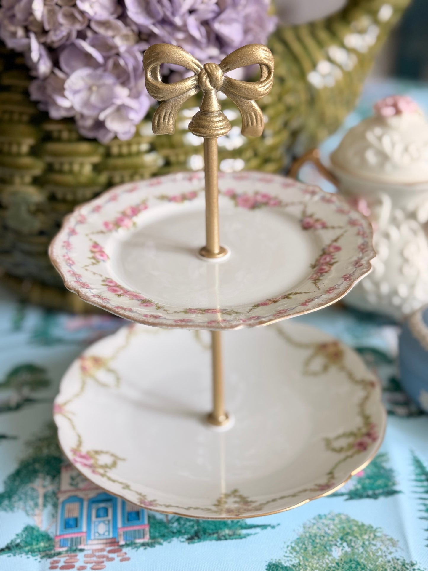 Vintage French Limoges Petite Tiered Stand - Rose Garland