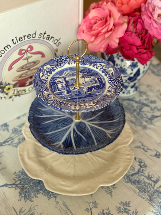 Blue Italian, Blue Cabbage and Beige Bordallo Three Tiered Stand - 12” base