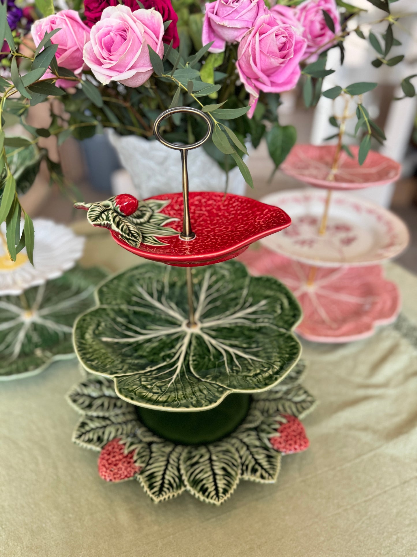 Bordallo Strawberry and Cabbage 3-Tier Stand with 13-Inch Base – Handcrafted Serving Tray for Entertaining, Desserts, and Tea Parties