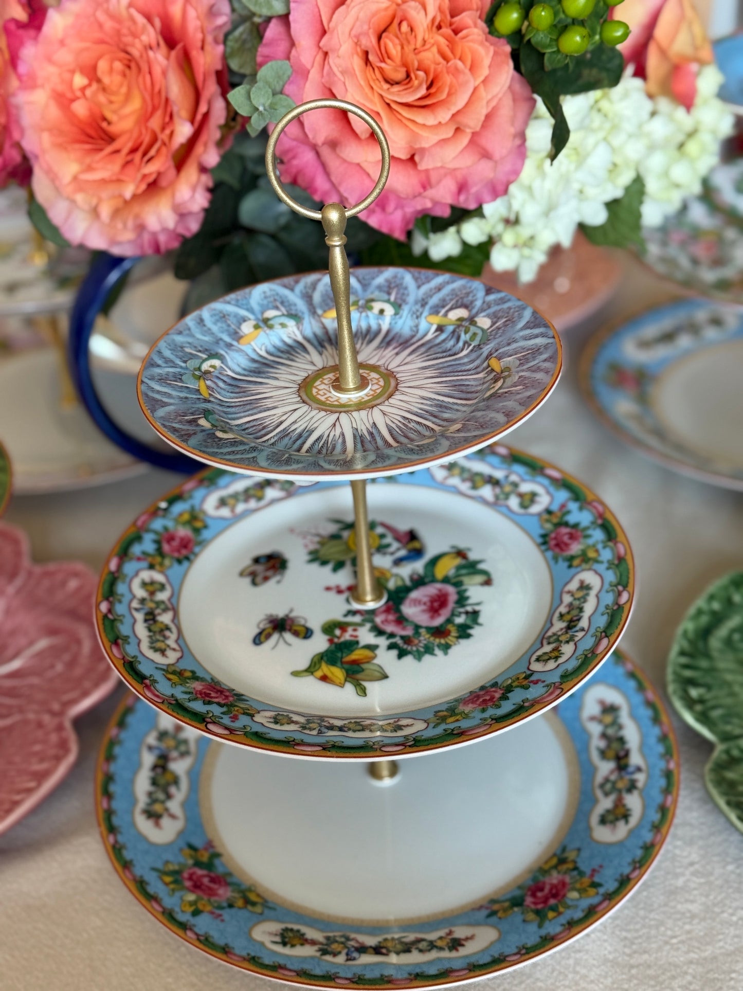 Williams Sonoma Famille Rose Three Tiered Stand - Blue Bok Choy