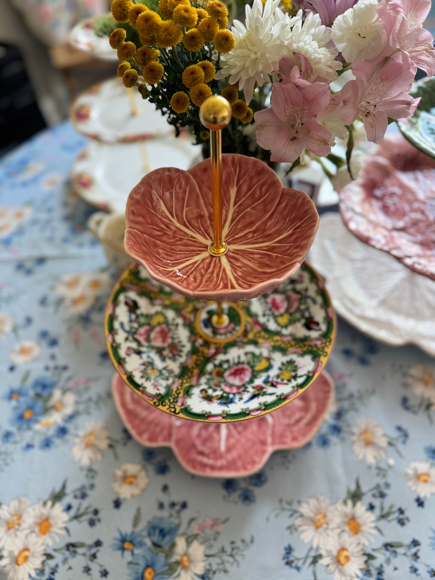 Pink Bordallo and Famille Rose Three Tiered Stand