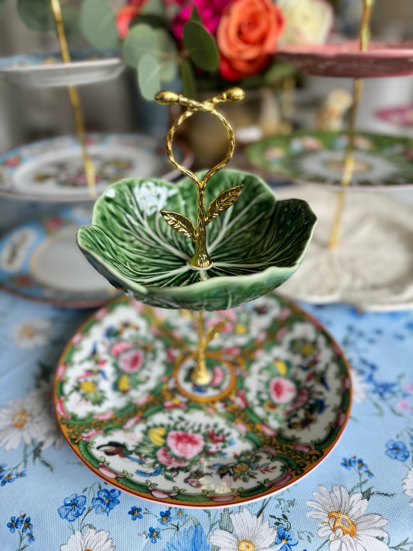 Bordallo Cabbage Bowl and Williams Sonoma Famille Rose Two Tiered Stand – Vintage-Inspired Floral Dessert Stand