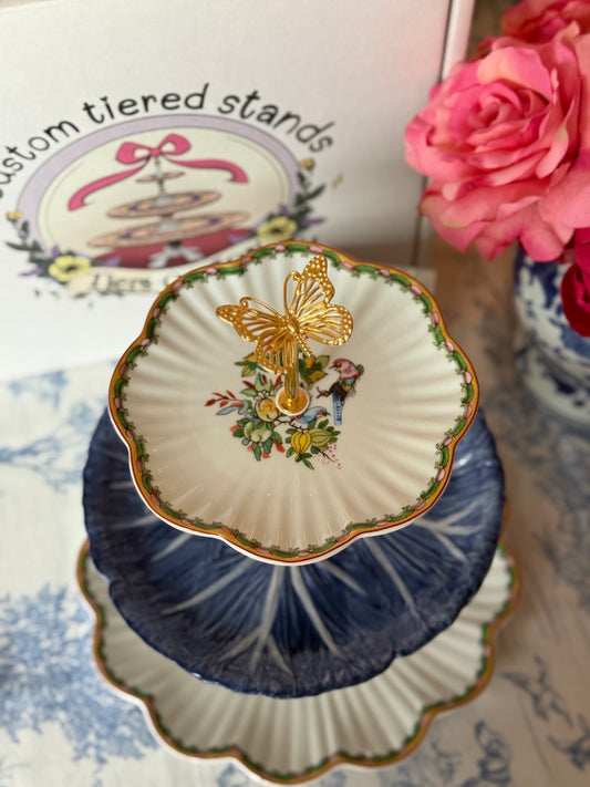 Famille Rose and Blue Cabbage Three Tiered Stand- Handcrafted Stand