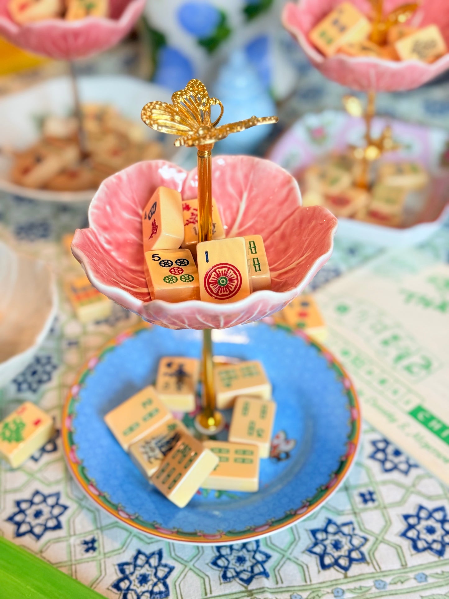 Pink Bordallo Cabbage and Famille Rose Petite Tiered Stand