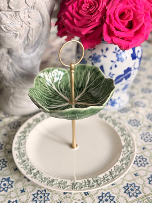 Wedgwood Queensware Celadon and Bordallo Cabbage Two Tiered Stand (9.5” base)