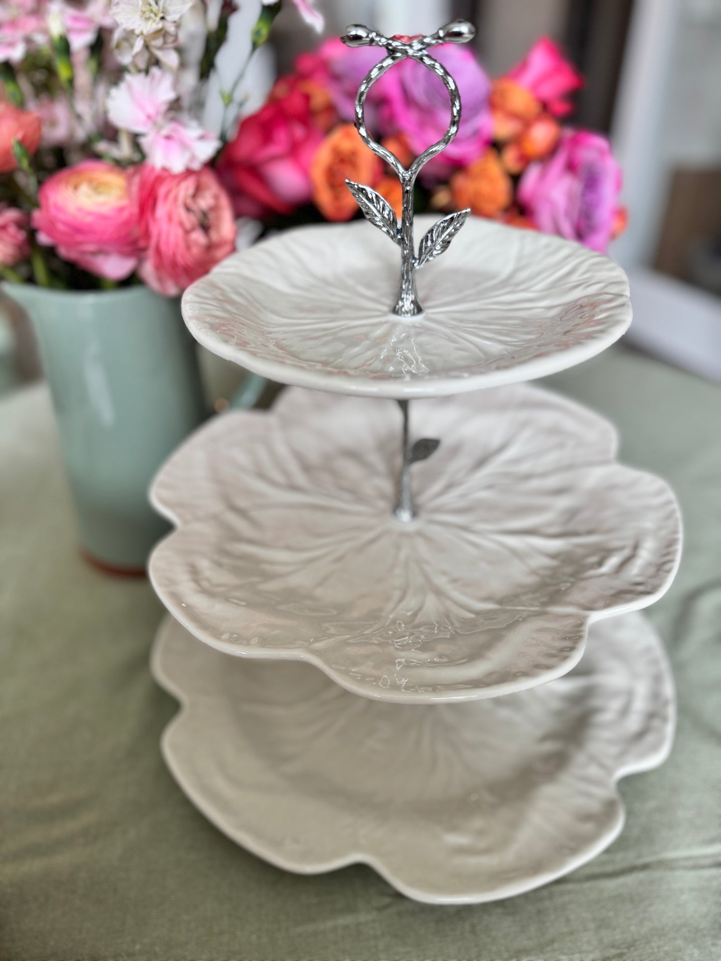 Bordallo Beige Cabbage Three Tiered Stand with Charger Base | Authorized Bordallo Retailer