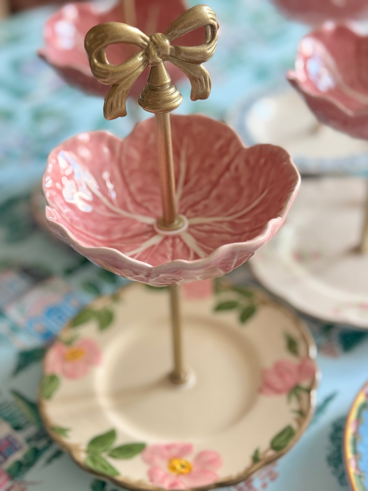 Franciscan Desert Rose and Pink Bordallo Cabbage Petite Tiered Stand