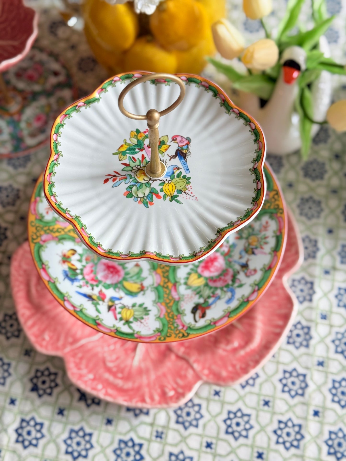 Famille Rose Tiered Stand with Bordallo Pinheiro Pink Cabbage Charger – Handcrafted 3-Tier Serving Stand (12” Base)