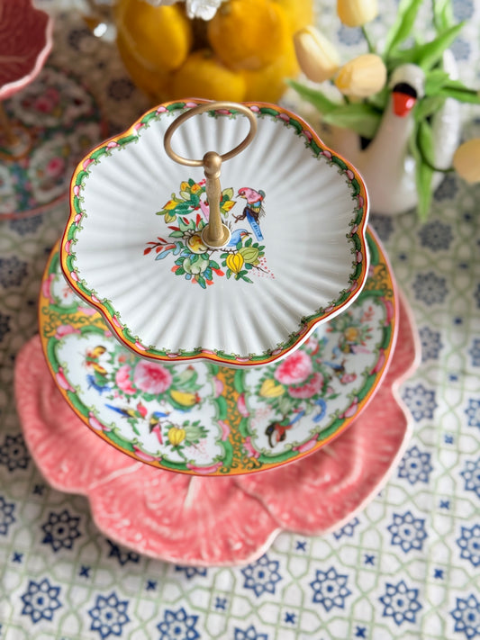 Famille Rose Tiered Stand with Bordallo Pinheiro Pink Cabbage Charger – Handcrafted 3-Tier Serving Stand (12” Base)