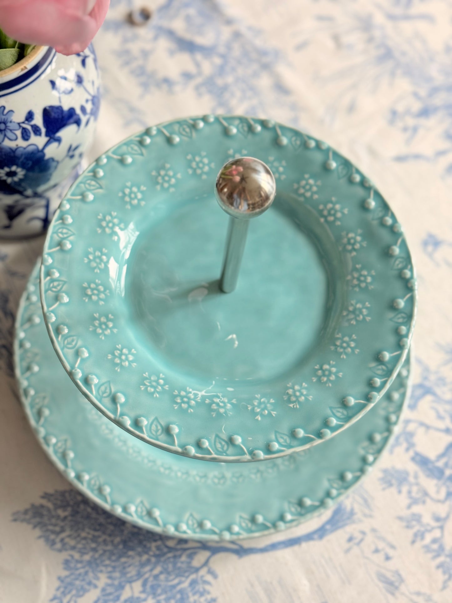 Bordallo Pinheiro Flora Two-Tier Stand in Aqua Blue — 11.5” Base