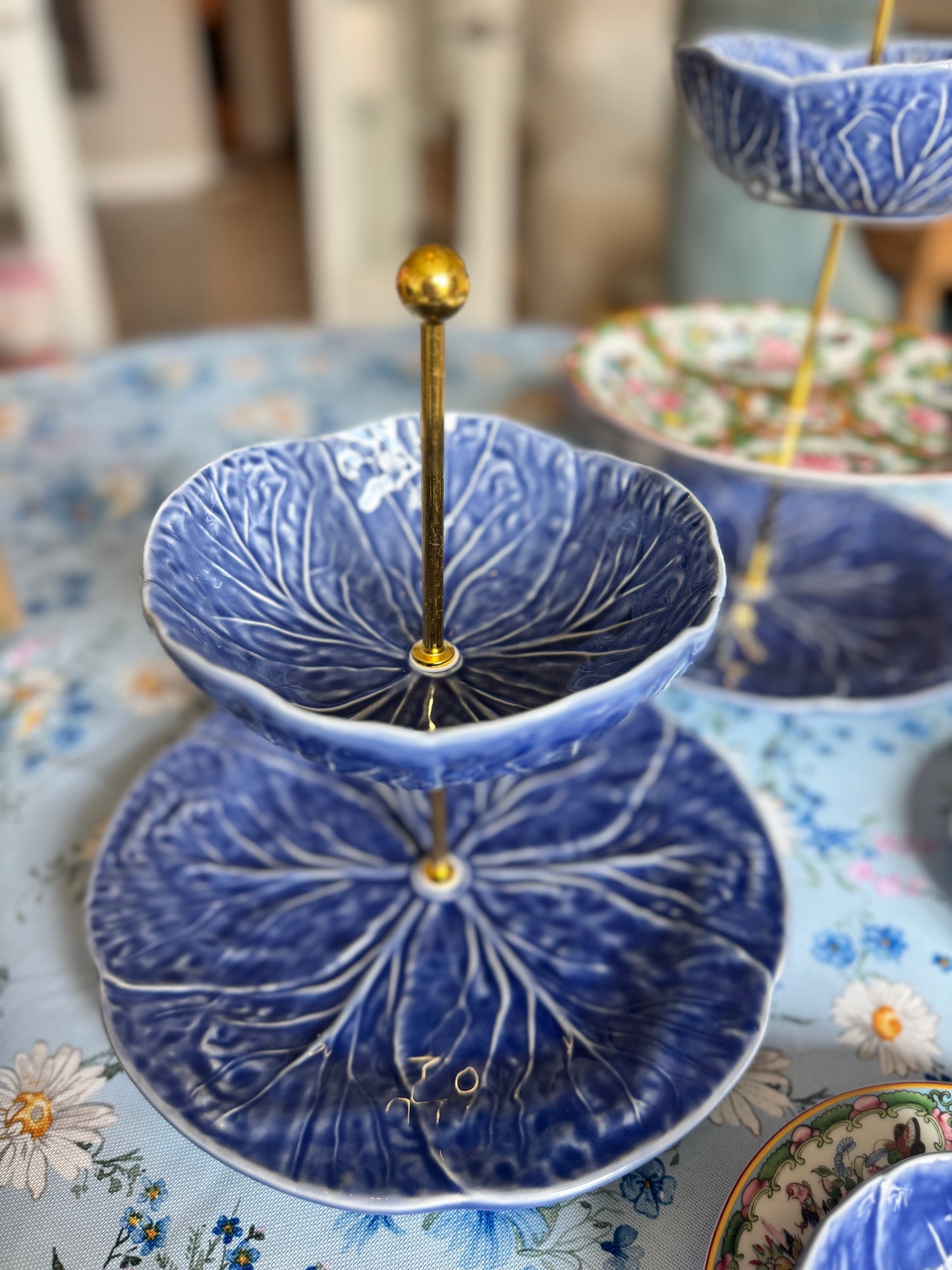 Blue Cabbage-ware Two Tiered Stand