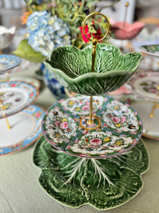Bordallo Pinheiro Cabbage Three Tiered Serving Tray with Famille Rose accent plate