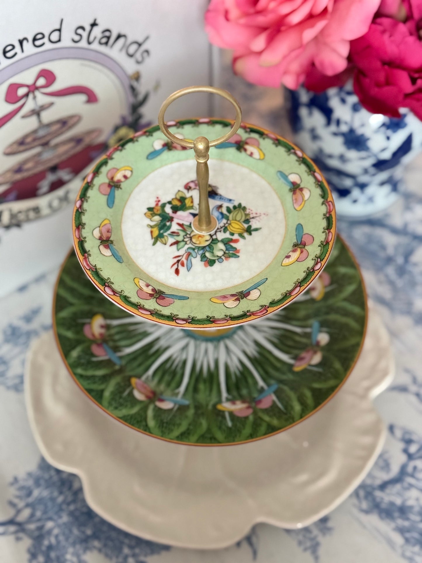 Williams Sonoma Famille Rose, Green Bok Choy and Beige Bordallo Three Tiered Stand - 12” base