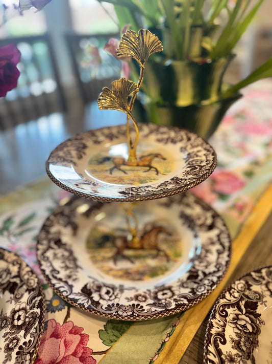 Two-tiered vintage Spode Woodland stand featuring brown floral border and American Quarter Horse design