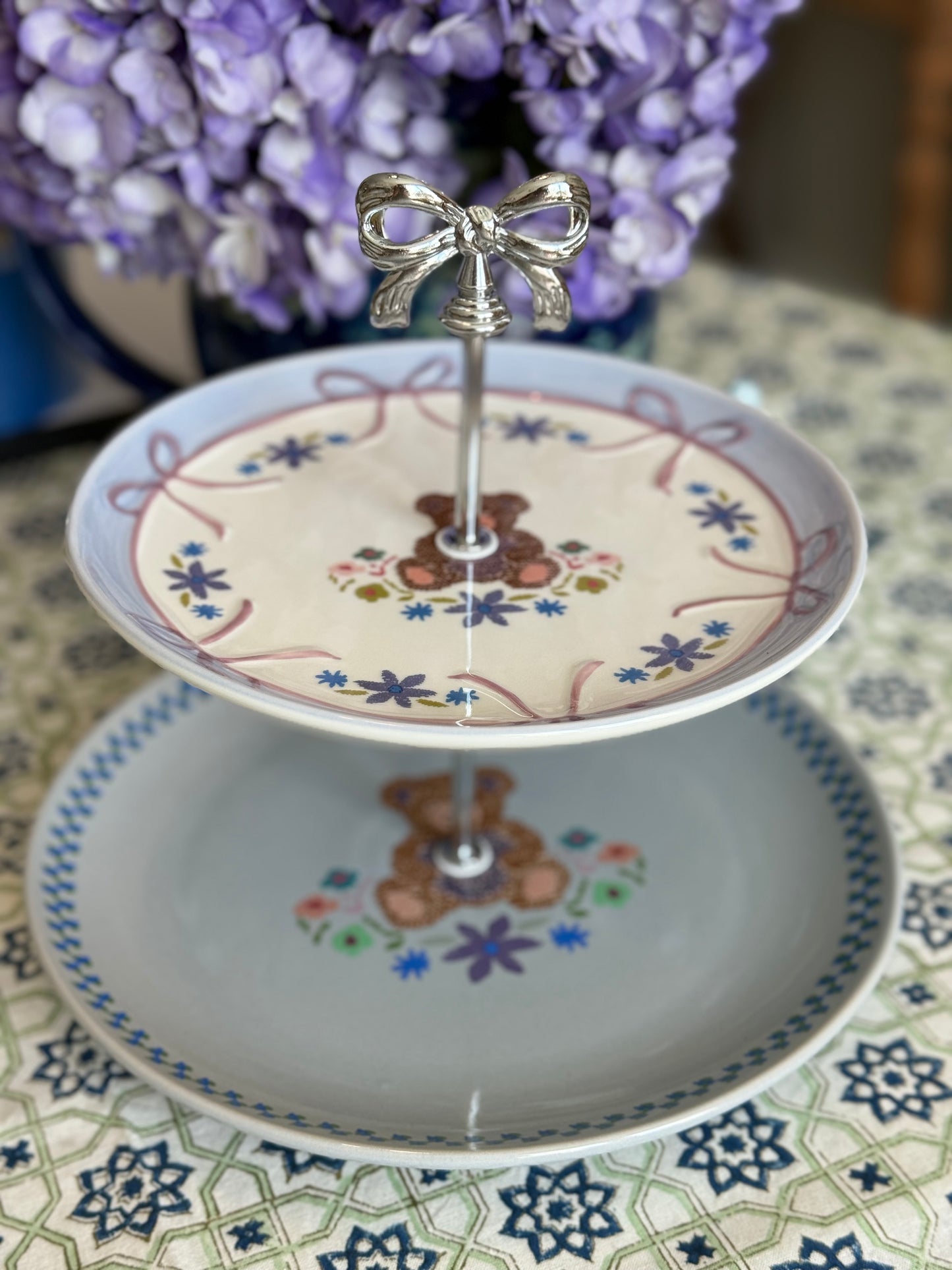 Purple Bear Two-Tier Tiered Stand with Silver Bow Hardware | 10.5” Base Nursery & Baby Shower Dessert Stand
