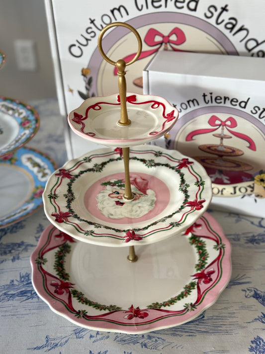Sweet Christmas Pink Santa Three Tiered Stand