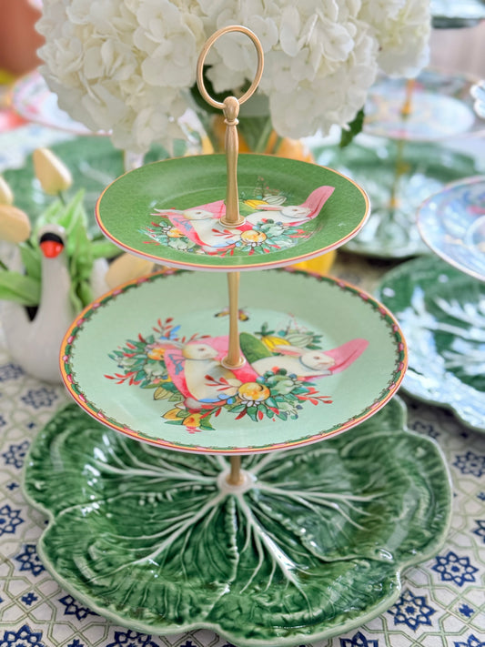 Famille Rose Bunnies and Bordallo Cabbage Three Tiered Serving Stand-  (12” Base)