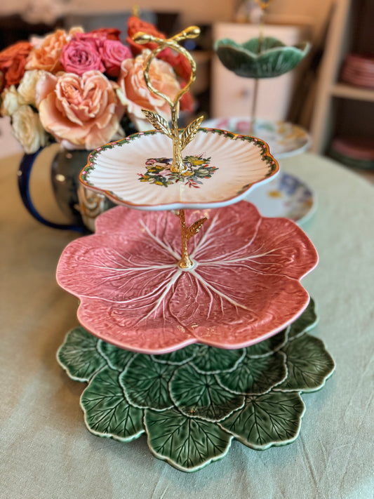 Williams Sonoma Famille Rose, Pink Bordallo Cabbage, and Green Geranium 3-Tiered Stand – Handcrafted Serving Tray
