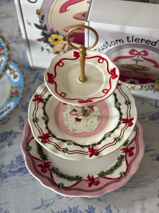 Sweet Christmas Pink Santa Three Tiered Stand