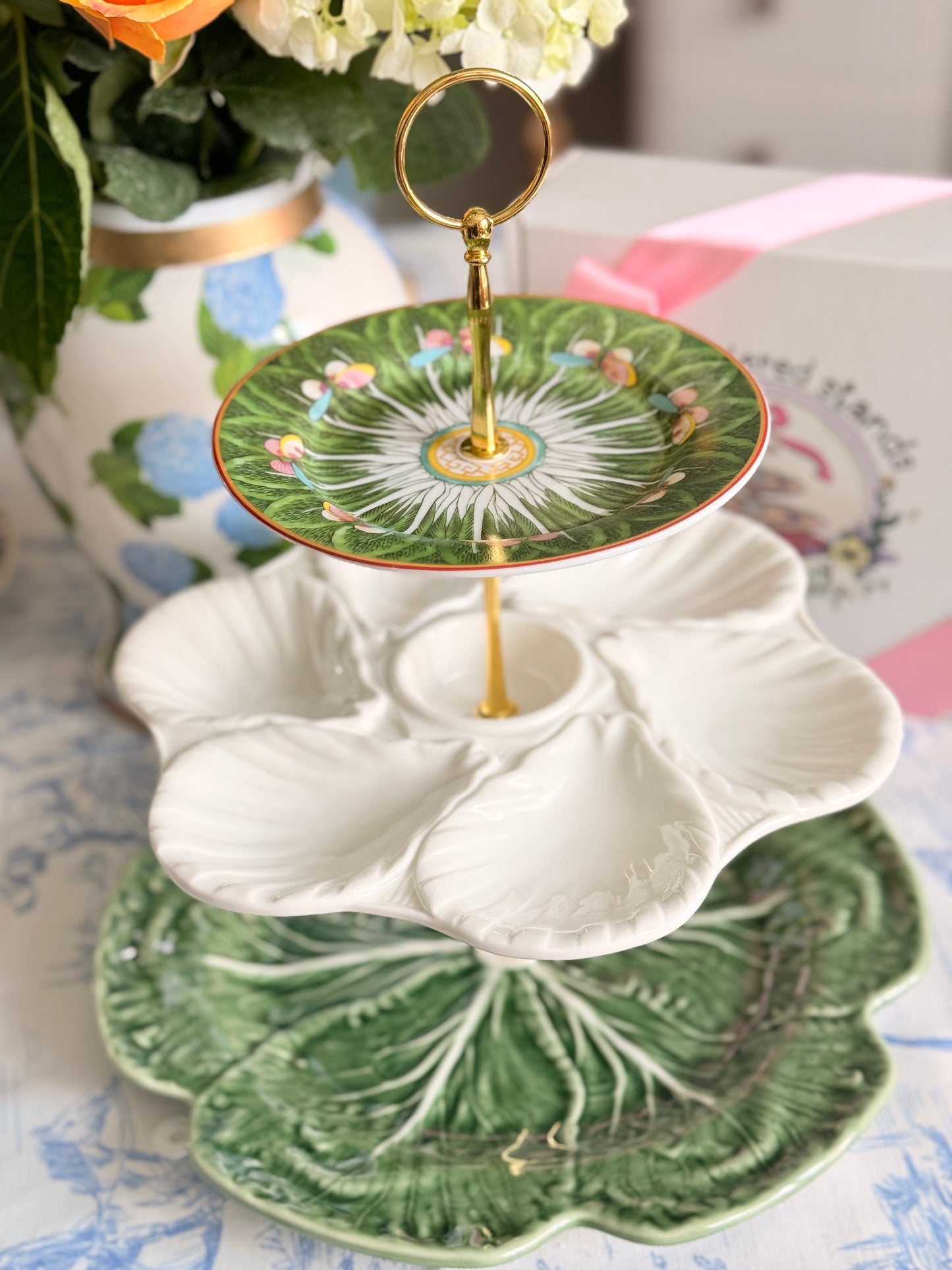 Grandmillennial Garden Statement Stand with Bordallo Cabbage, Oyster Plate & Green Bok Choy