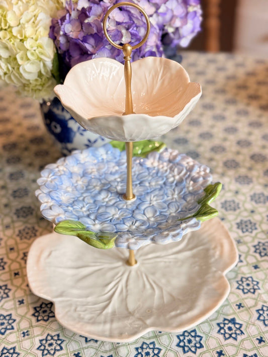 Bordallo Beige Cabbage and Hydrangea Three Tiered Stand | Blue Floral Serving Stand