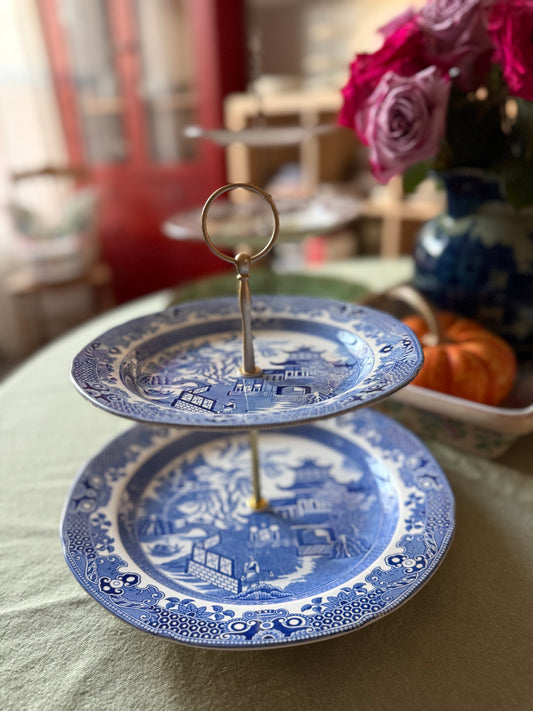Burleigh Blue Willow Two-Tiered Stand – 10.5” Base, Handmade Vintage China Dessert Stand