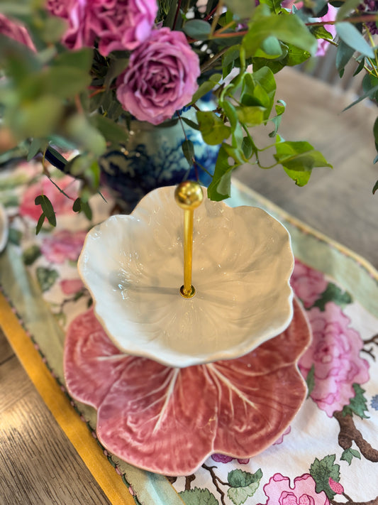 Two-Tiered Bordallo Cabbage Plate Stand – Pink and Cream, Customizable Hardware