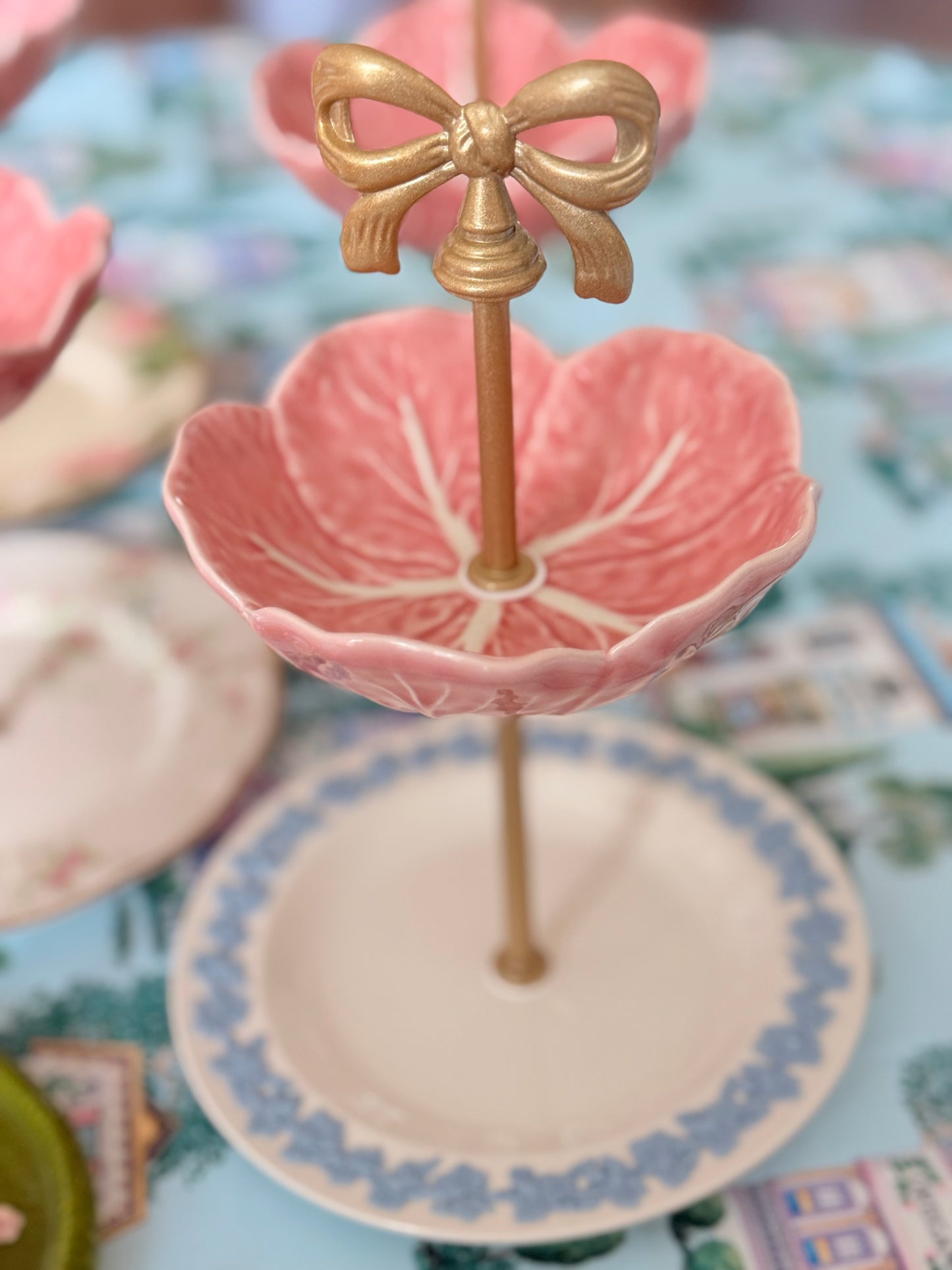 Pink Bordallo and Wedgwood Queensware Petite Tiered Stand