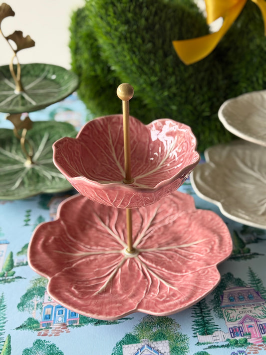 Pink Bordallo Pinheiro Cabbage Two Tiered Stand- 8 inch top bowl