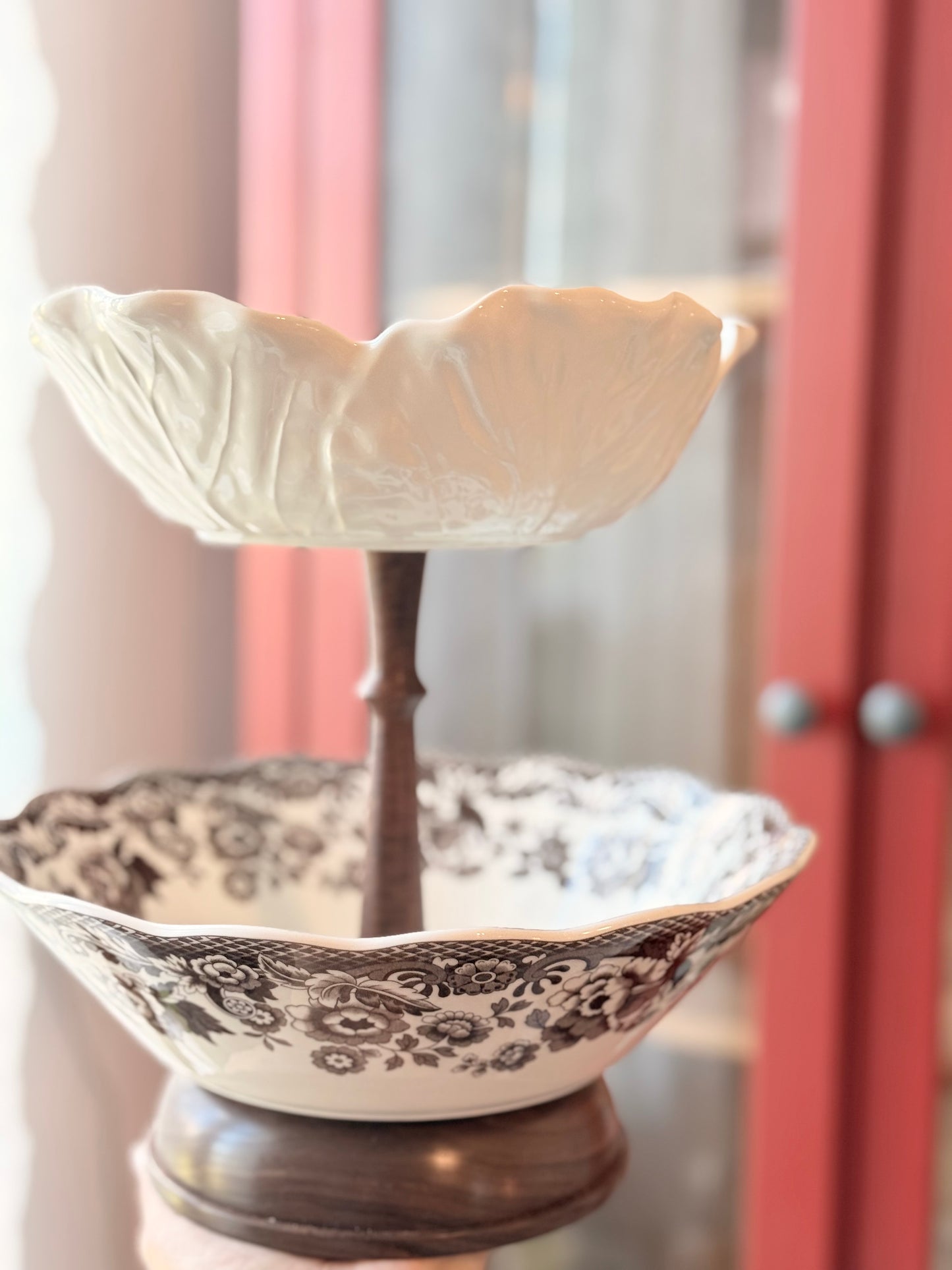 Spode Woodland Turkey and Bordallo Cabbage Collector Tiered Stand with Hand Carved Wood Base